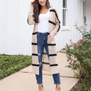 Striped Beige and Black Women's Sweater Cardigan